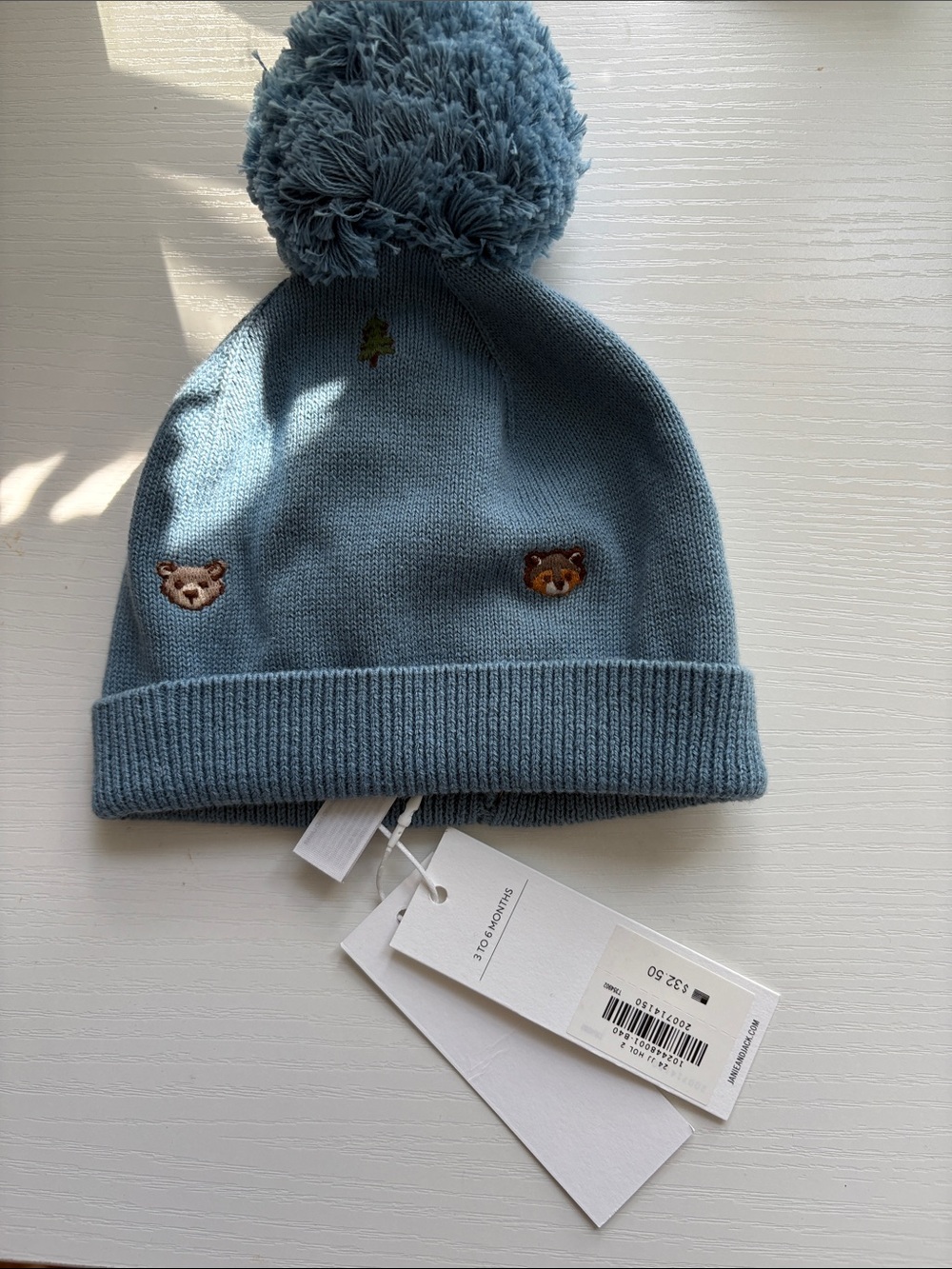 Janie and Jack Blue Pom-Pom Beanie with Bear Embroidery 3-6month